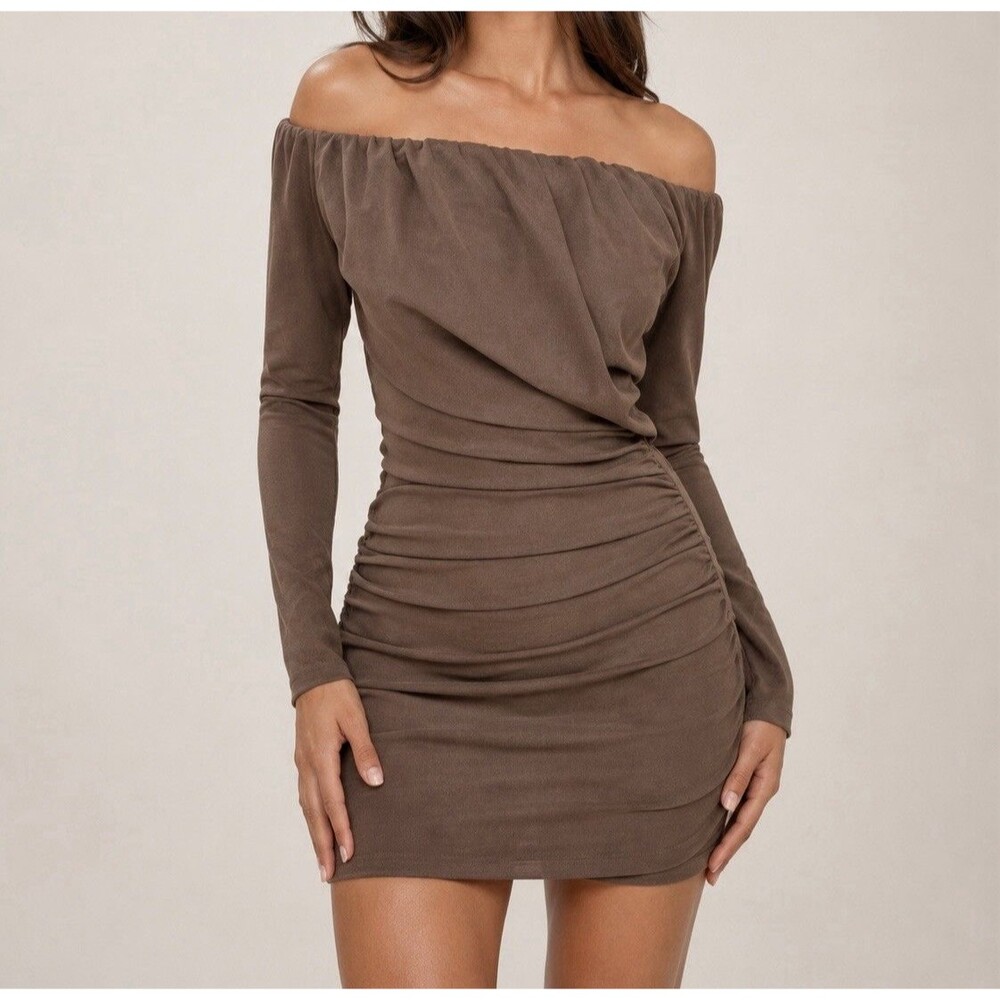 IRIS Womens Large Brown Off Shoulder Ruched Bodycon Long Sleeve Mini Dress